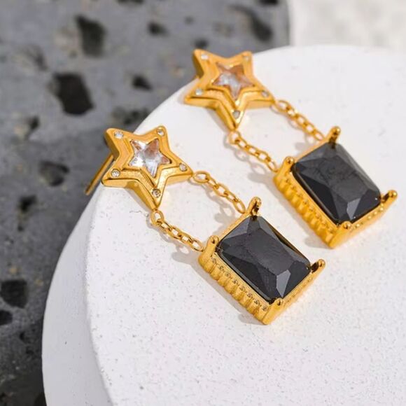 New Stunning 18k Gold Ss and Black Cubic Zircona Star Drop Earrings - Picture 3 of 9